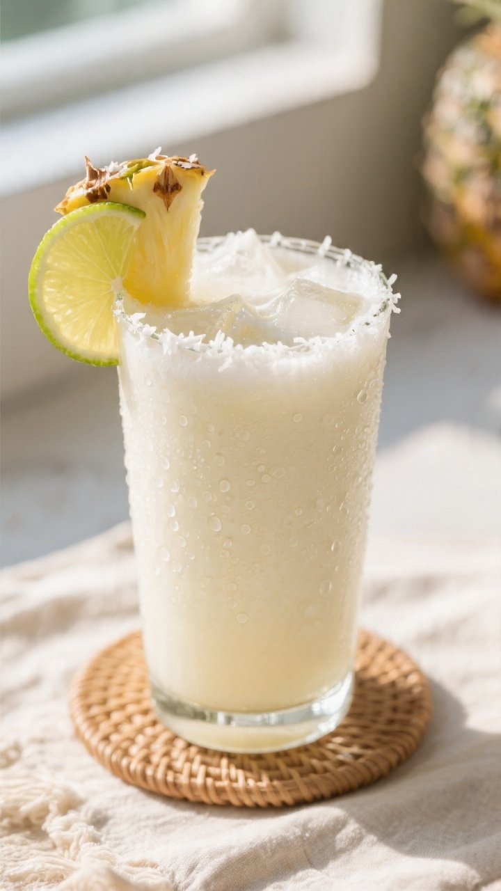 Close-up detail: Frothy Tropical Pineapple Coconut Refresher just poured from blender into a chilled