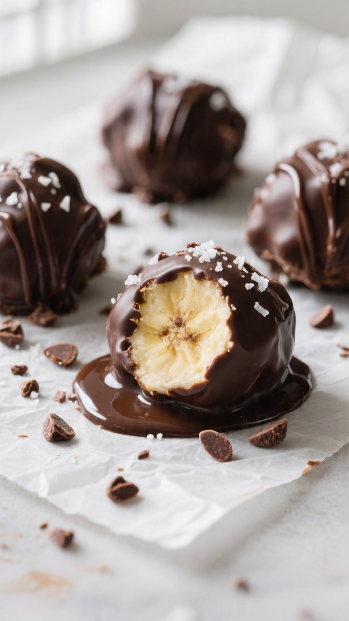 Close-up detail: Frozen chocolate-coated banana-yogurt clusters just after dipping, glossy dark choc