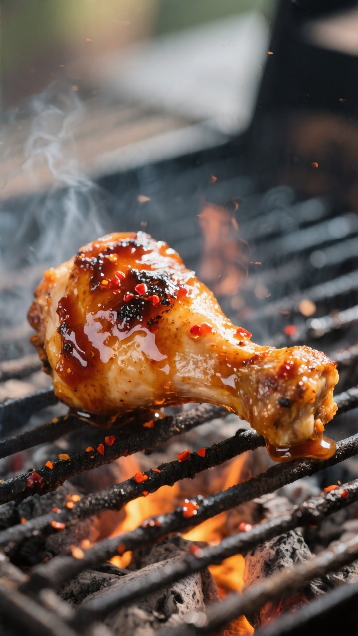 Close-up detail: Glazed hot honey BBQ chicken drumstick sizzling over direct grill heat, lacquered, 
