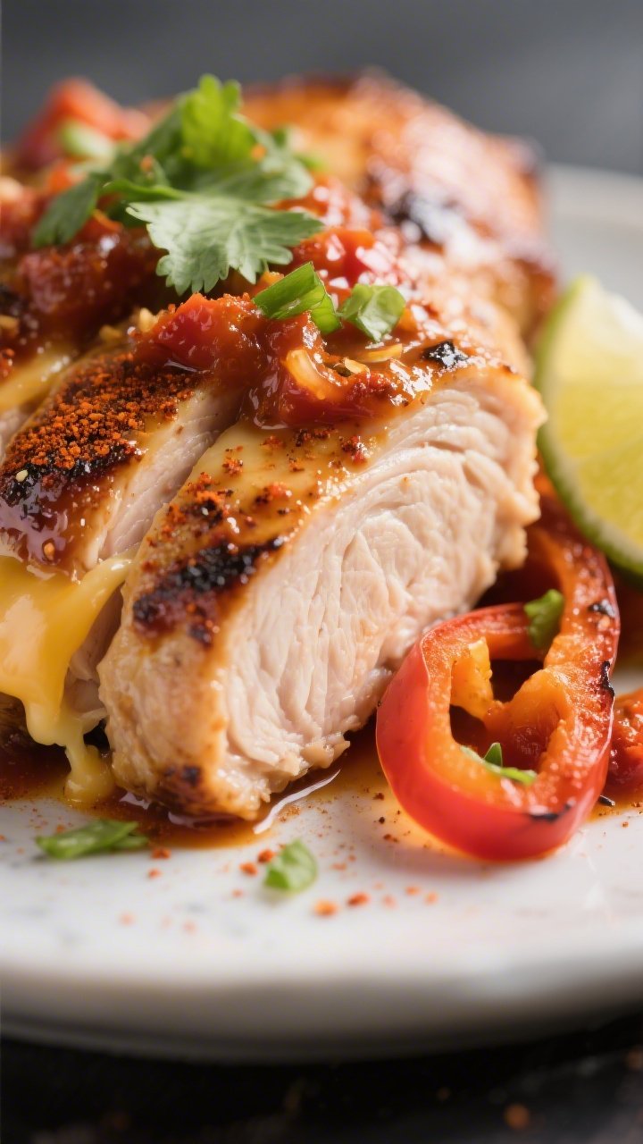 Close-up detail, juicy texture focus: Tight macro of a sliced chicken thigh piece showing moist, ten