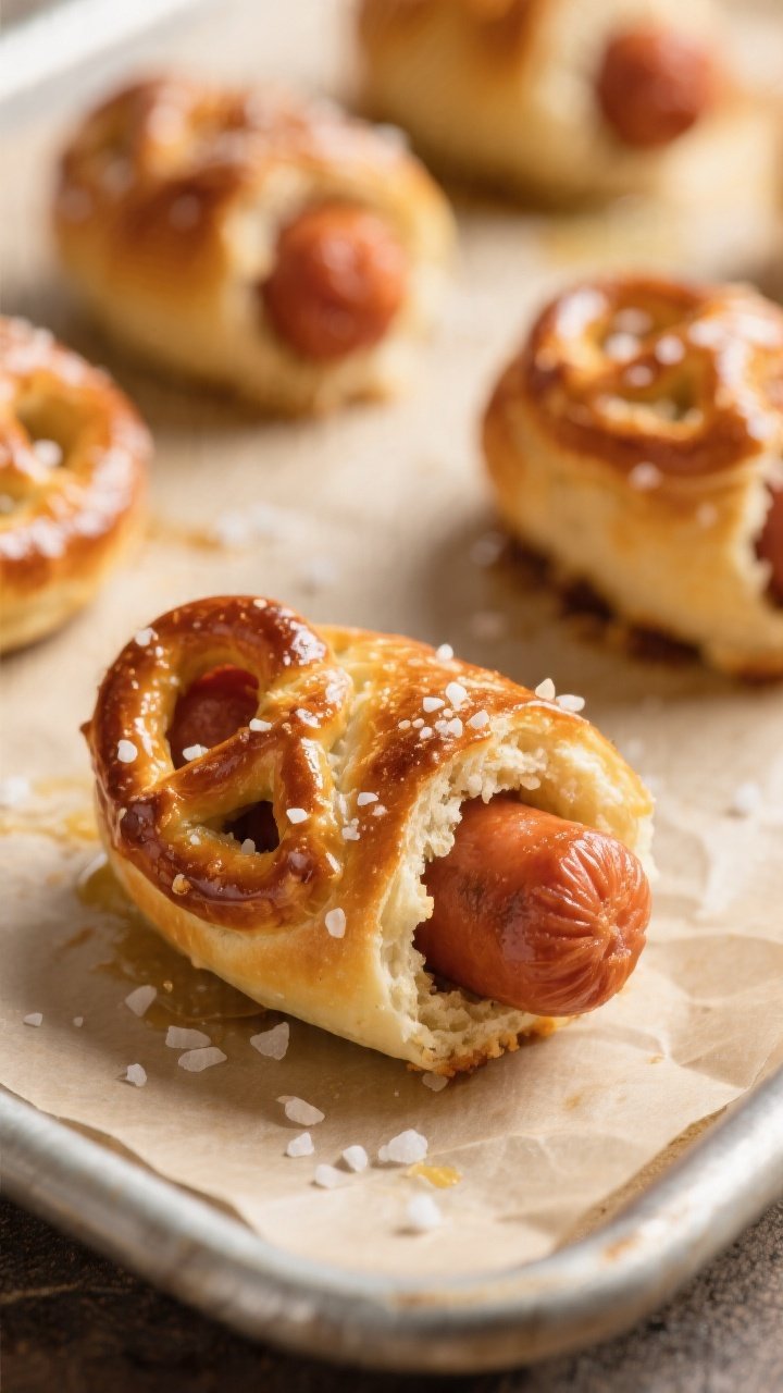 Close-up detail: Mini pretzel dog bites fresh from the oven, deep golden-brown crust with visible co