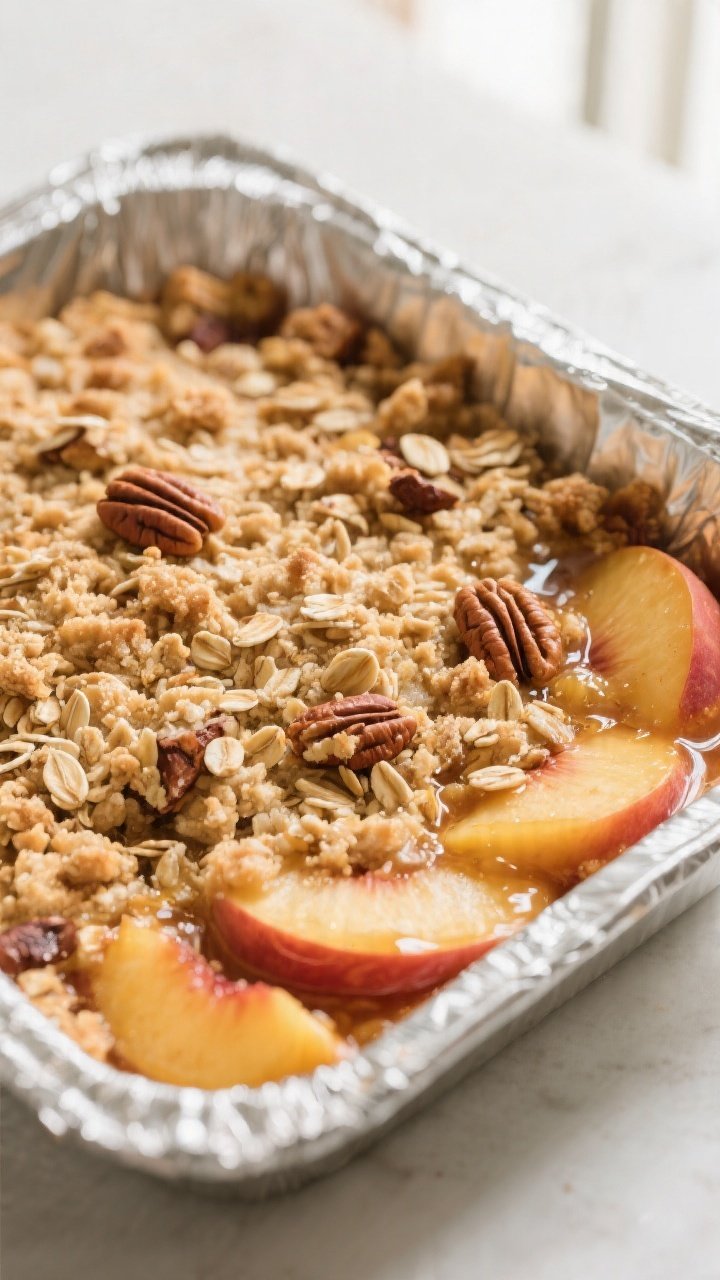 Close-up detail of a baked peach crisp just out of the oven: golden, craggy oat crumble with visible