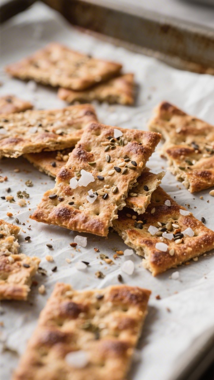 Close-up detail of cracker-thin sourdough discard crackers just out of the oven on a parchment-lined