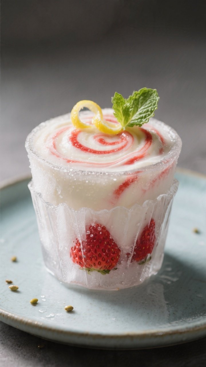 Close-up detail shot of a frozen strawberry lemonade cup just unwrapped from its liner, showing fros