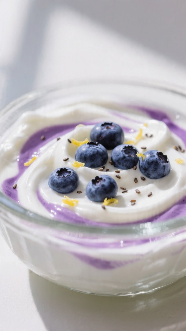 Close-up detail: Silky lemon Greek yogurt base being gently folded with fresh blueberries in a chill