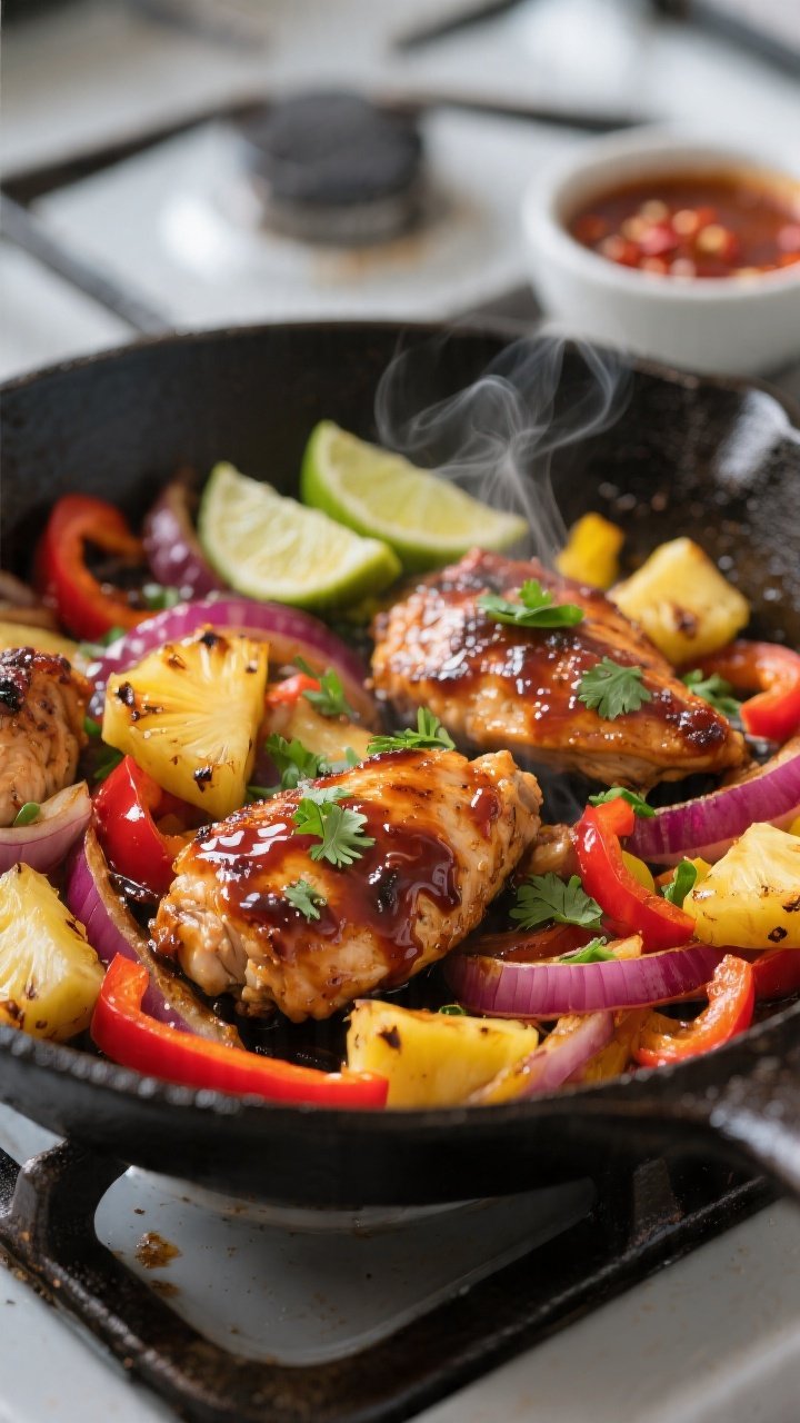 Close-up detail: Sizzling BBQ pineapple chicken in a cast-iron skillet mid-cook, showing caramelized
