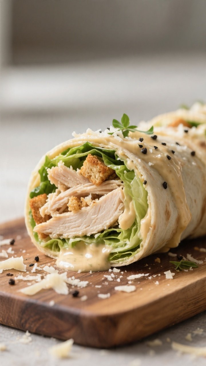 Close-up detail: Sliced Chicken Caesar wrap bites arranged seam-side down on a wooden board, ultra-c
