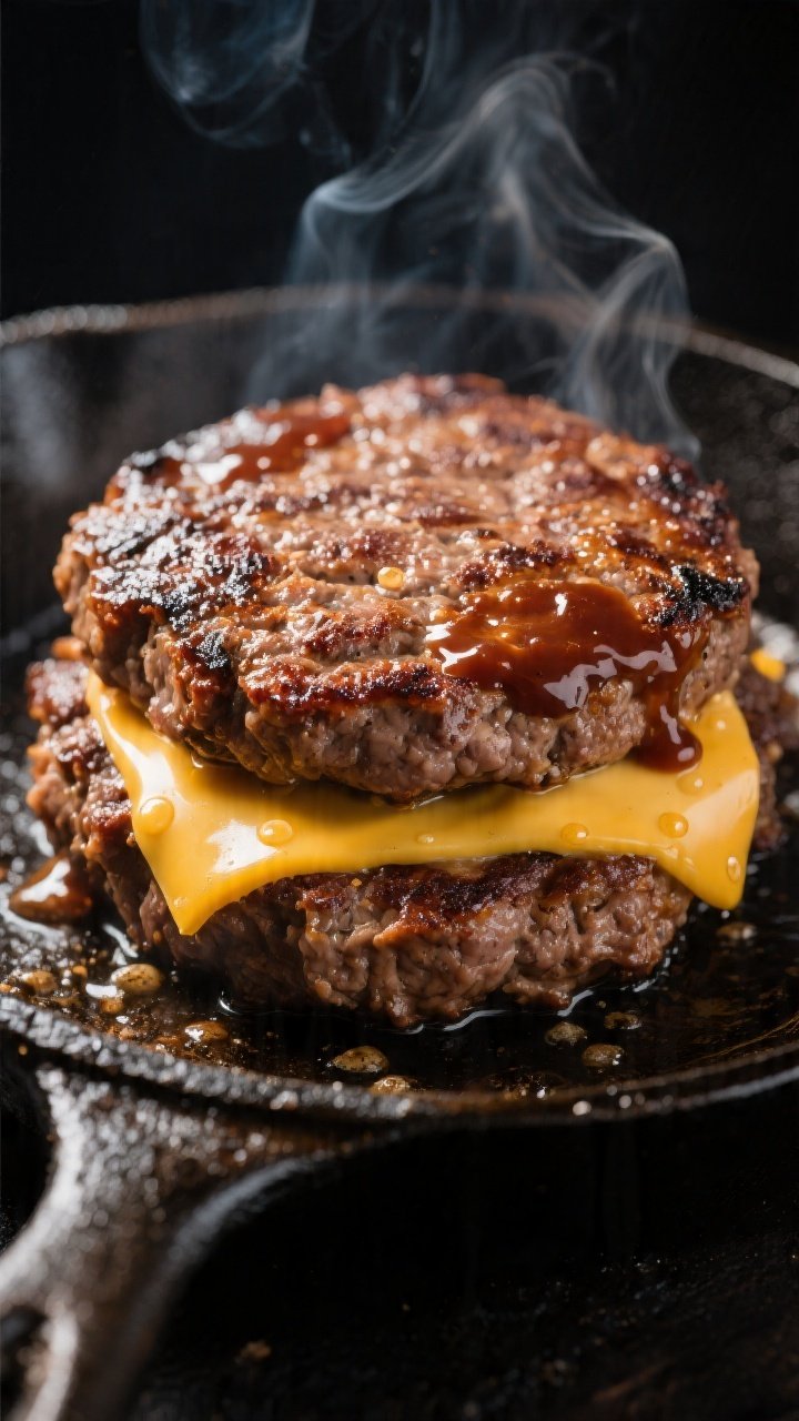 Close-up detail: Ultra-close shot of a just-flipped smash burger patty on a sizzling cast-iron skill