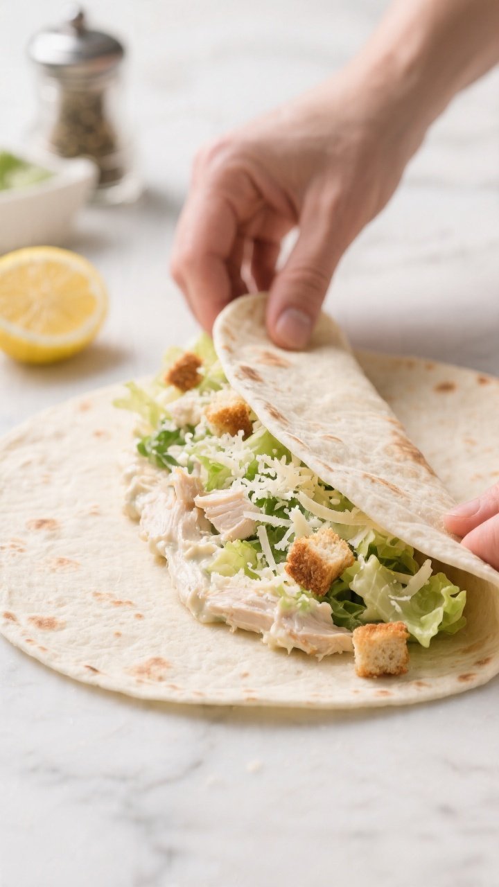 Cooking process: Assembly scene of a warmed flour tortilla on a clean countertop with a neat line of