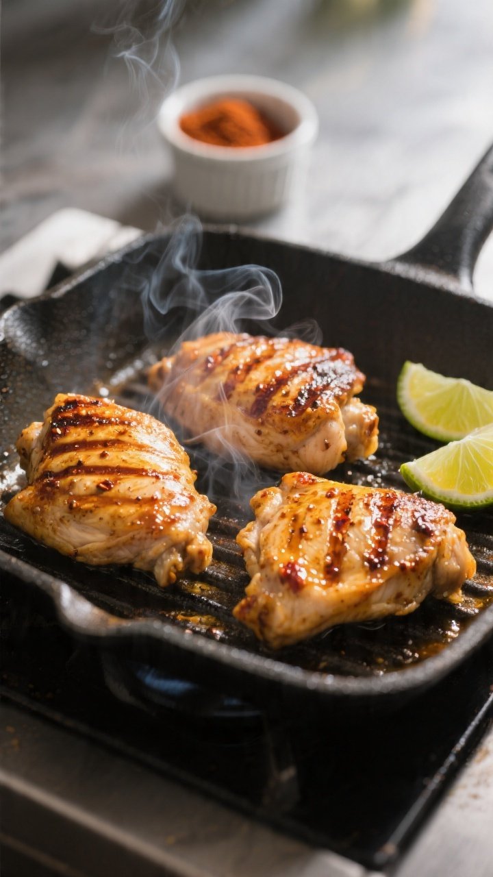 Cooking process: Chili-lime marinated chicken thighs sizzling on a hot grill pan, deep golden grill 