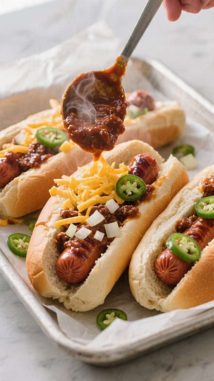 Cooking process close-up: A 9x13 pan lined with parchment holding par-baked hot dog buns pressed int