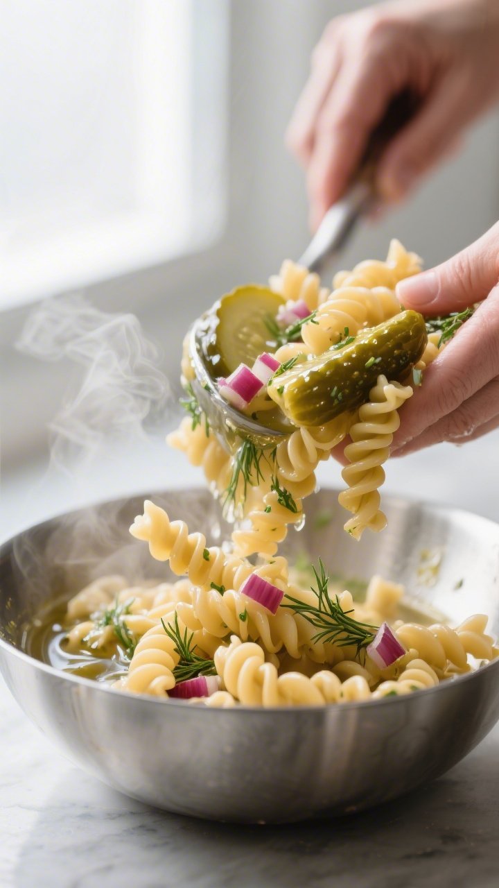 Cooking process, close-up: Al dente cavatappi just drained and rinsed, still steaming, being tossed 