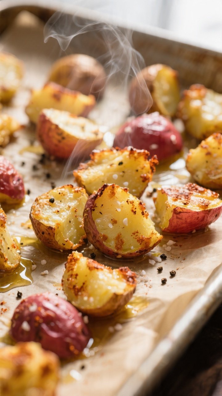 Cooking process close-up: Crispy smashed baby gold and red potatoes fresh from the oven on a parchme