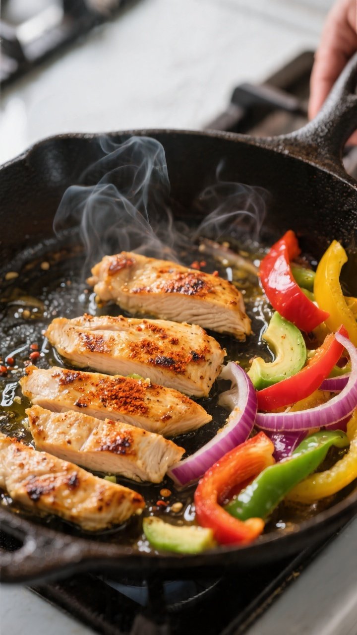 Cooking process, close-up detail: Sizzling chicken fajita strips searing in a hot cast-iron skillet,