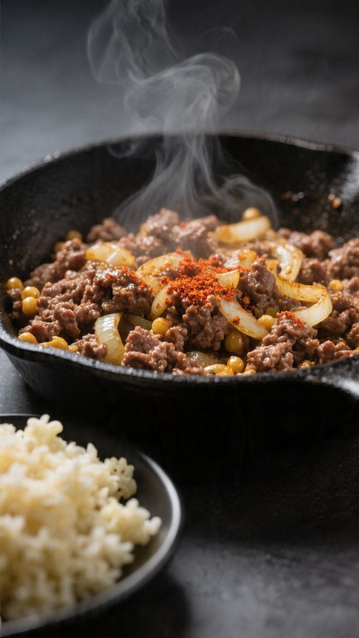 Cooking process, close-up detail: Sizzling seasoned lean ground beef in a black skillet with golden