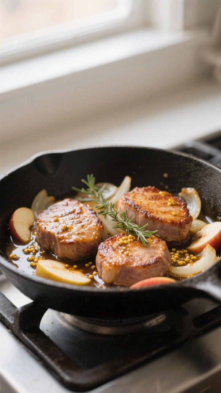 Cooking process, close-up: Golden-seared pork medallions nestled back into a simmering skillet with 