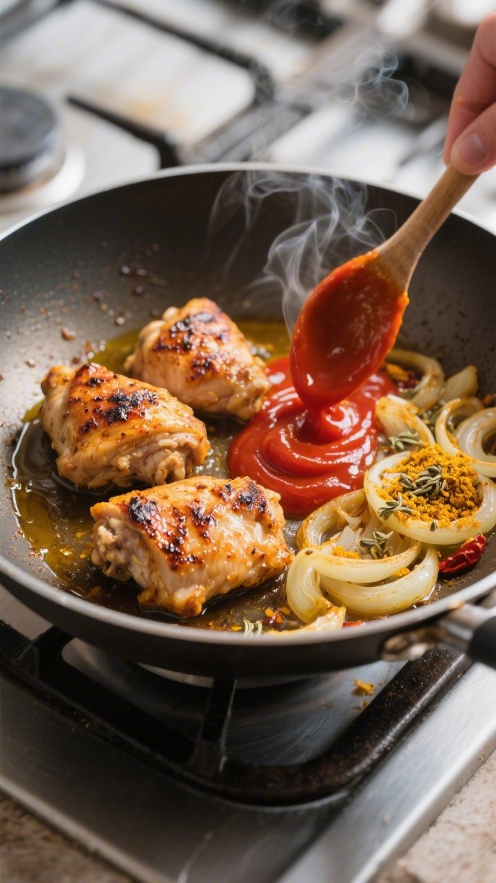 Cooking process close-up: Searing marinated chicken thigh pieces in a wide stainless skillet, edges