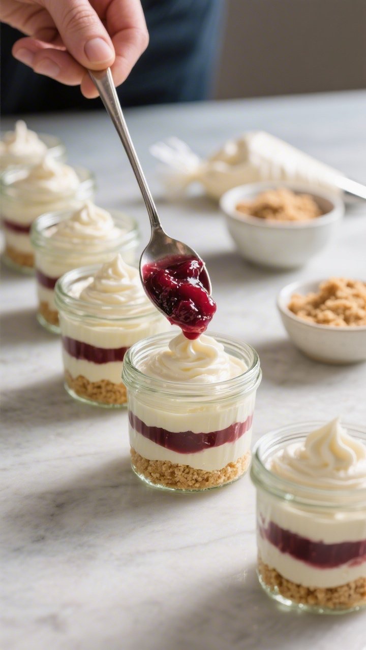 Cooking process: Layering the dessert cups mid-assembly—clear 6-ounce glass jars lined up; a press