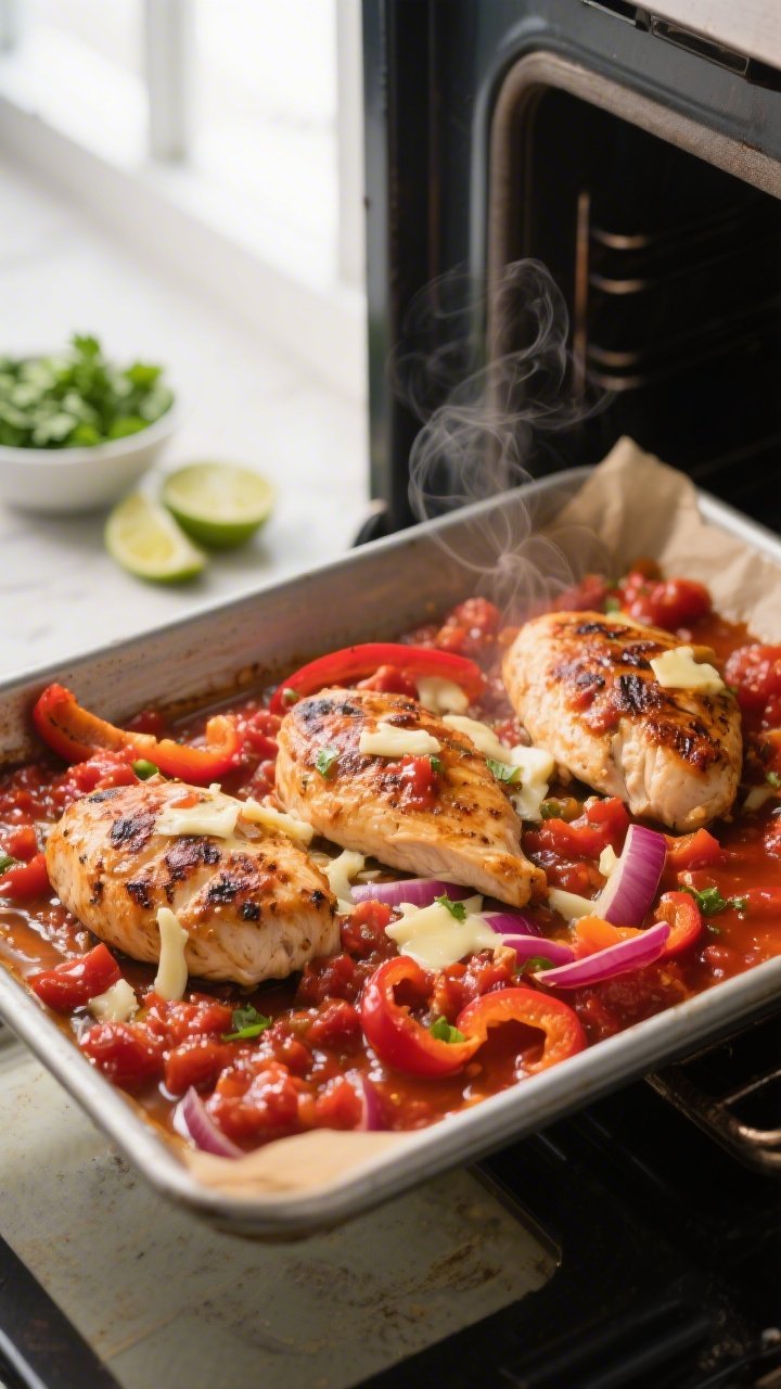Cooking process, oven-to-broil moment: A 9x13-inch baking dish just pulled from the oven, showing ba