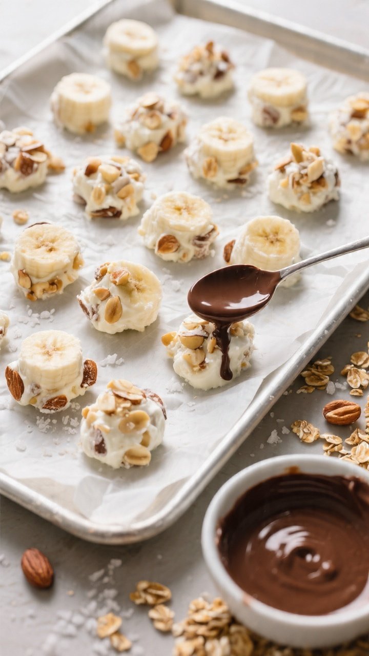 Cooking process: Overhead shot of a parchment-lined tray with neatly scooped, frozen banana–Greek 