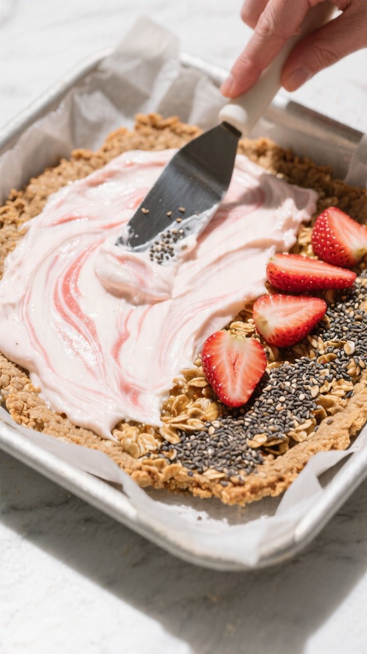 Cooking process: Overhead shot of assembly in progress—smooth strawberry–Greek yogurt mixture be