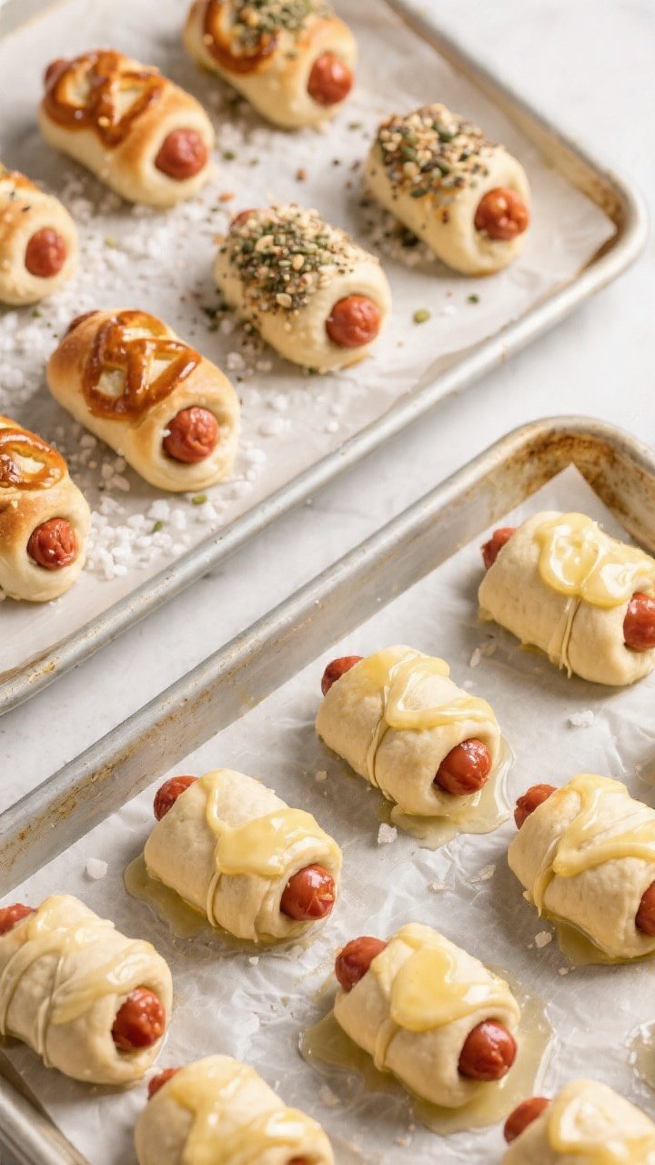 Cooking process: Overhead shot of boiled, butter-brushed mini pretzel dog bites just after the bakin