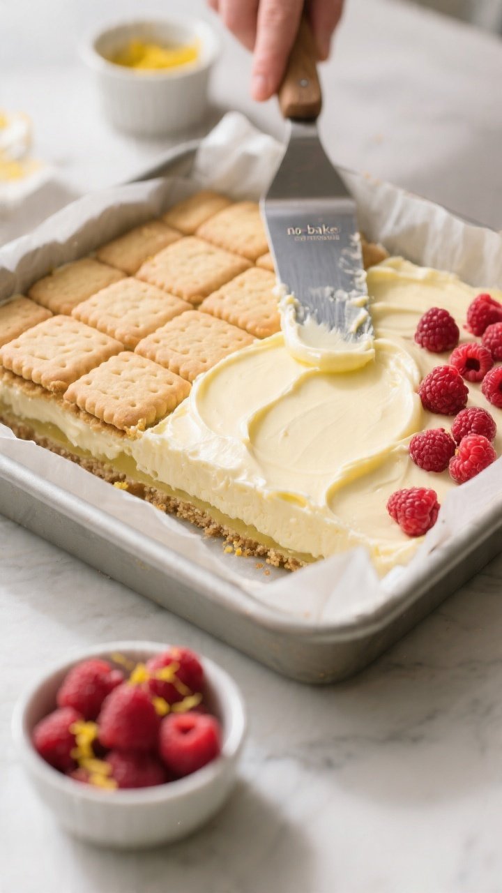 Cooking process: Overhead shot of the assembly stage in an 8x8-inch pan lined with a parchment sling
