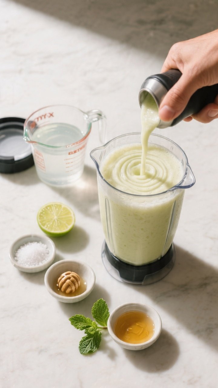 Cooking process: Overhead shot of the blended drink mid-adjustment in the blender jar on a clean cou