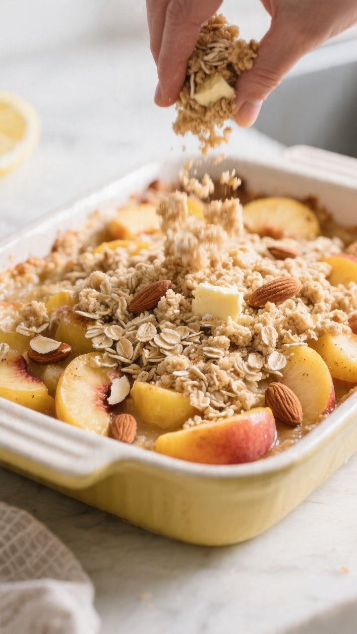 Cooking process shot: assembling the dessert before baking—peach mixture evenly spread in a butter