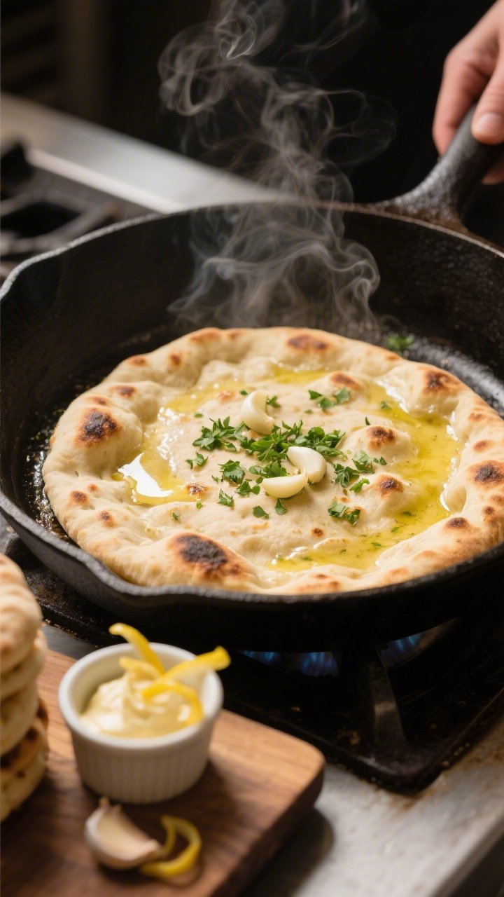 Cooking process shot: skillet flatbread puffing and charring in spots in a preheated cast-iron skill