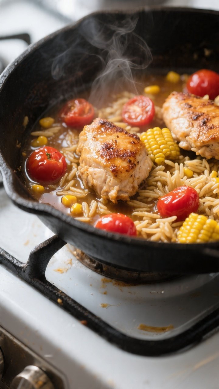 Cooking process, skillet close-up: Golden-seared chicken bites nestled with toasted orzo simmering i