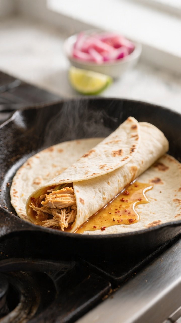 Cooking process: Warm flour tortilla in a cast-iron skillet, seam-side sear in progress with a neatl