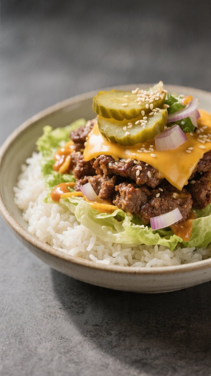 Final dish, close-up glamour: Restaurant-quality plated Big Mac Bowl variant with warm rice base—f