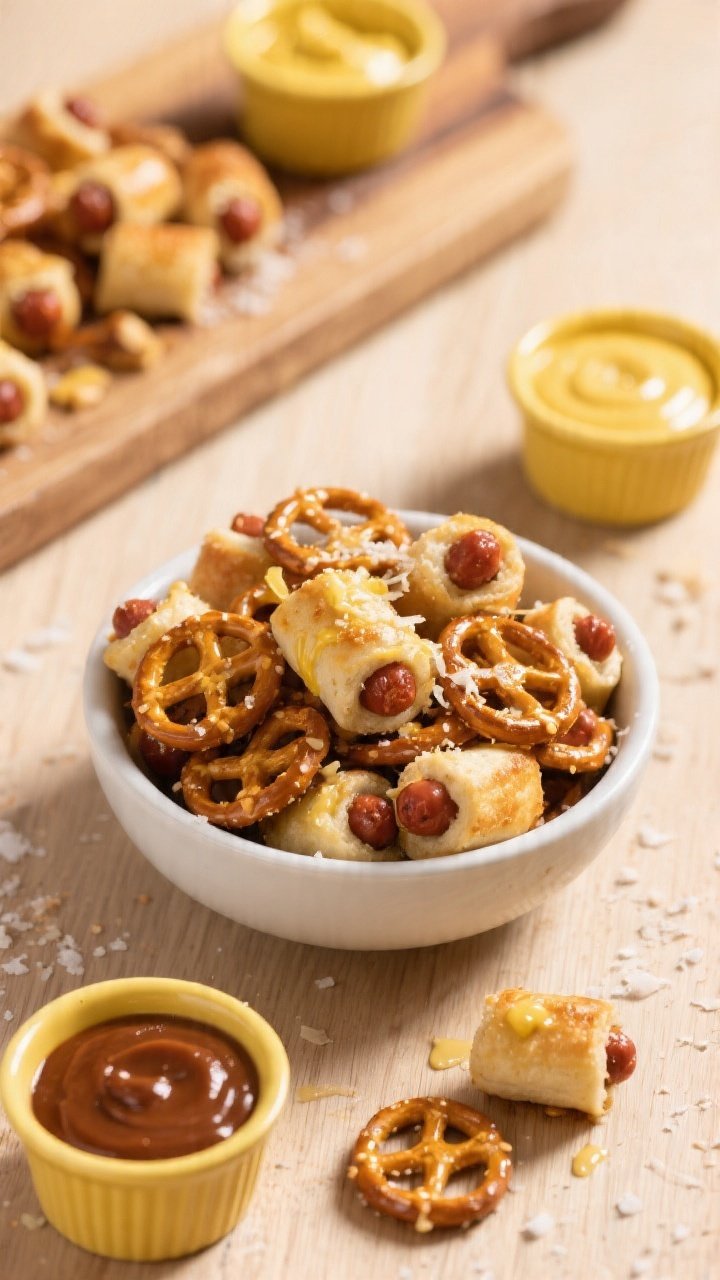 Final dish presentation: Beautiful snack-board spread of baked mini pretzel dog bites piled in a sha