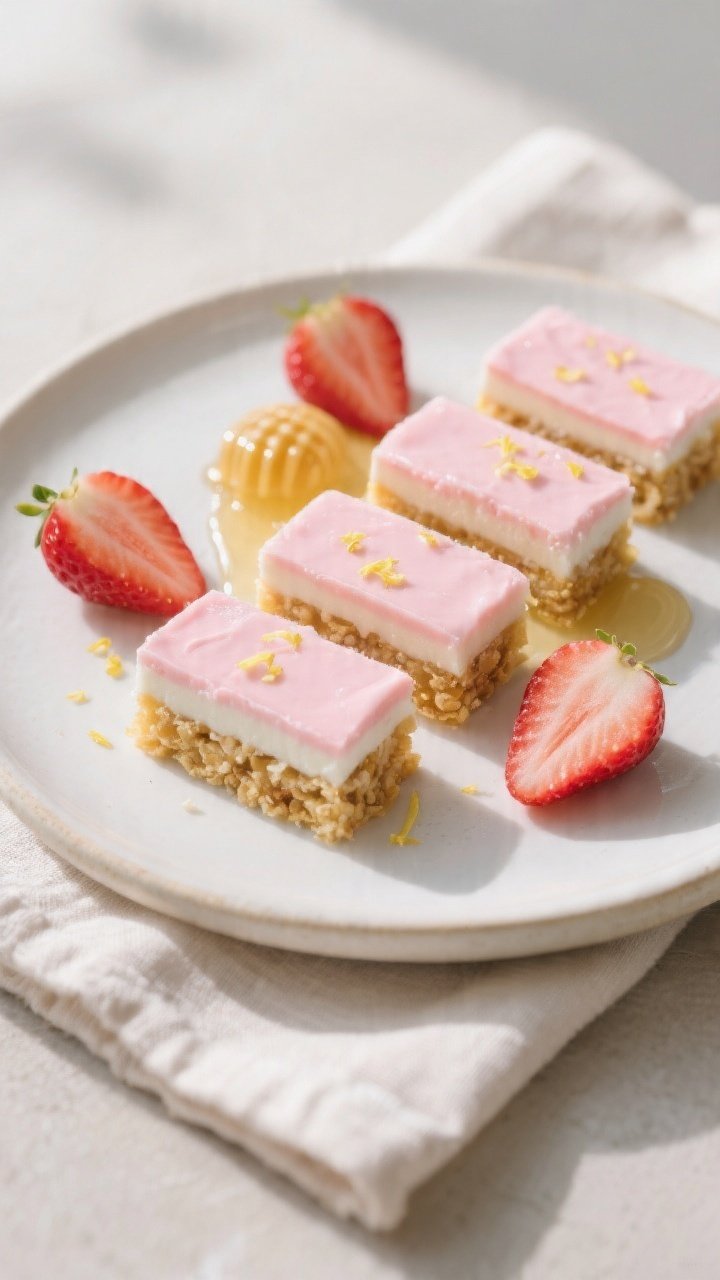 Final dish presentation: Beautifully plated frozen strawberry yogurt bars, neatly cut into uniform r