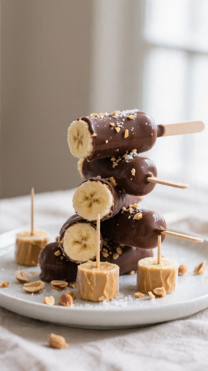 Final dish presentation: Beautifully plated Frozen Peanut Butter Chocolate Banana Pops stacked casua
