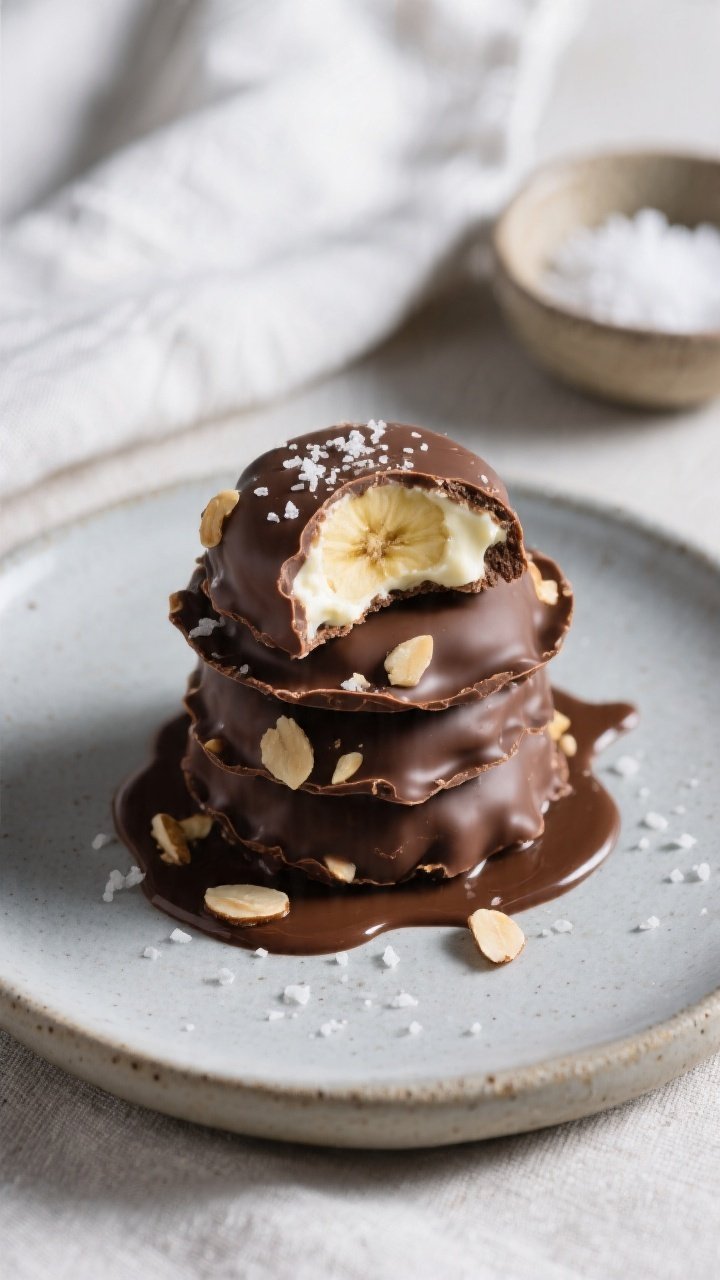 Final dish presentation: Beautifully plated stack of finished Frozen Chocolate Banana Yogurt Cluster