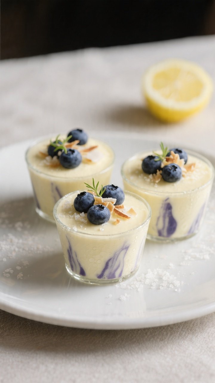 Final dish presentation: Chilled lemon-blueberry mousse cups set on a matte white plate, smooth surf