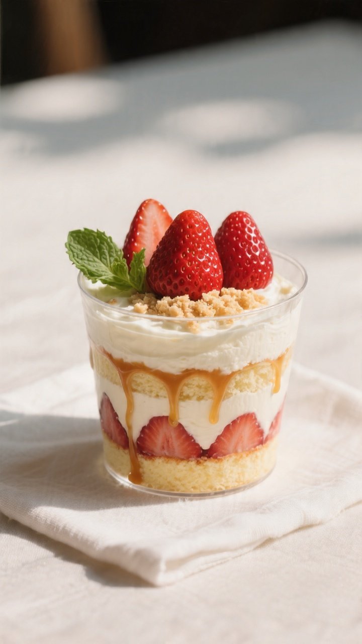 Final dish presentation: Single hero Strawberry Shortcake Cup on a small clear dessert glass set on 