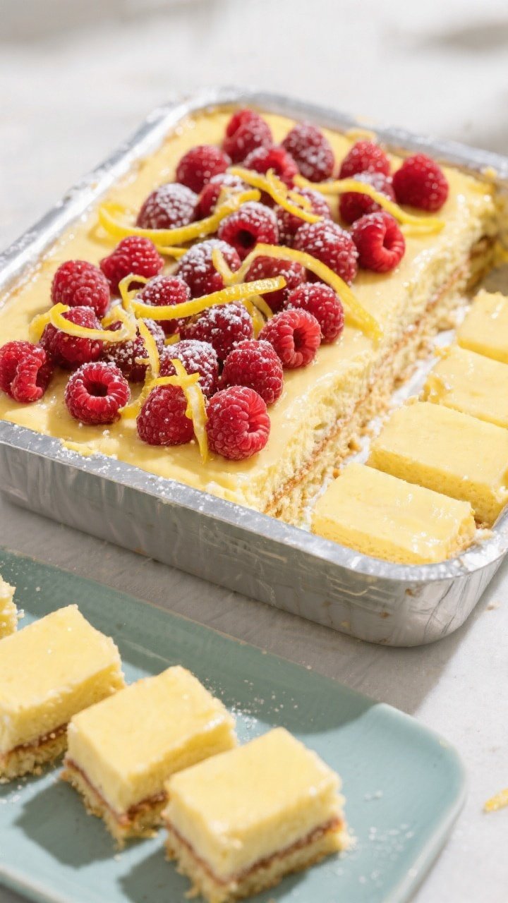 Final dish presentation: Tasty top view of the fully chilled Lemon Raspberry Icebox Cake served fami