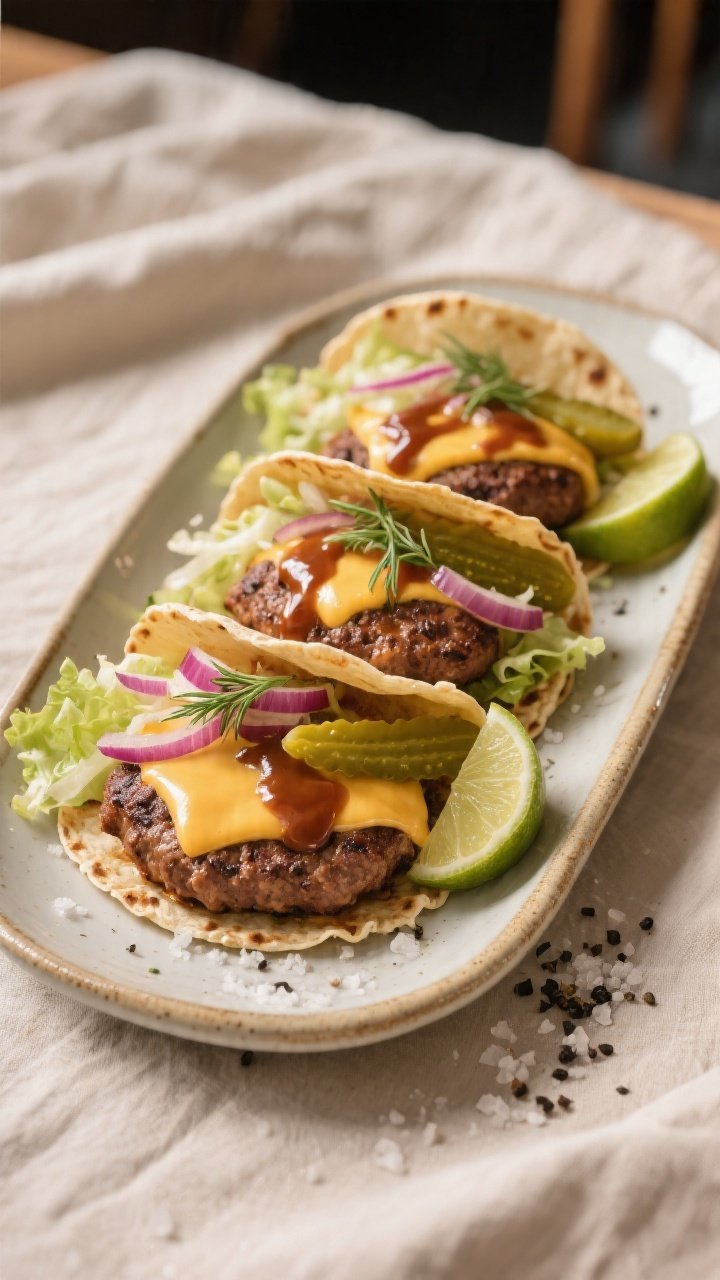 Final dish presentation: Three BBQ smash burger tacos stacked slightly overlapping on a long ceramic