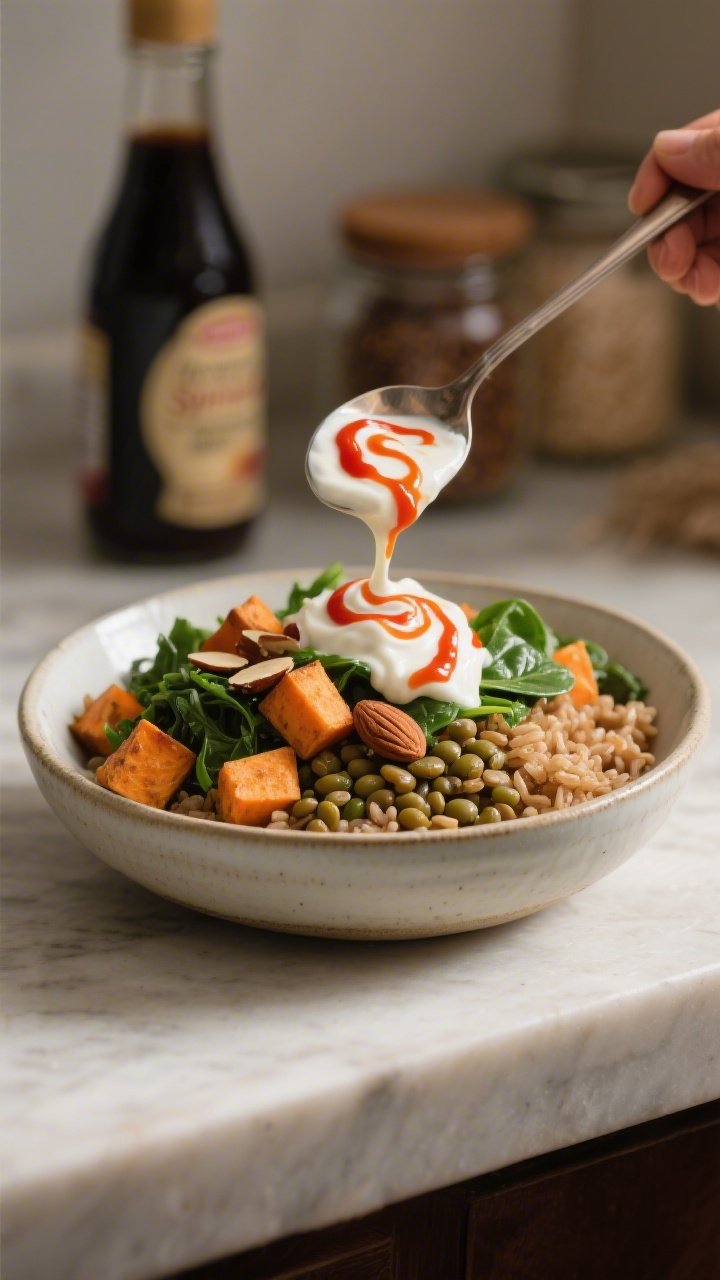 Final dish + process hybrid: Lentil Veggie Bowl being finished on the counter—over brown rice and
