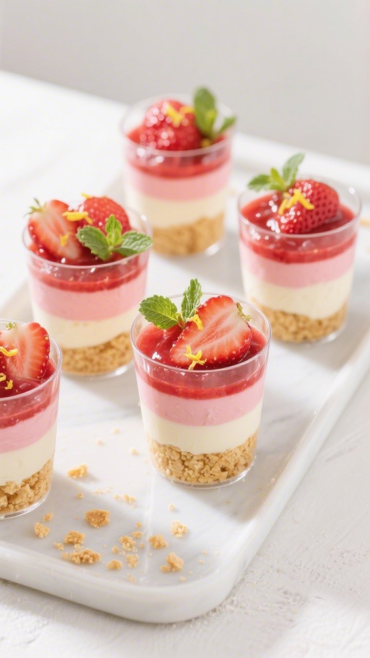 Final dish, tasty top view: Overhead shot of finished Strawberry Rhubarb Layered Dessert Cups—alte