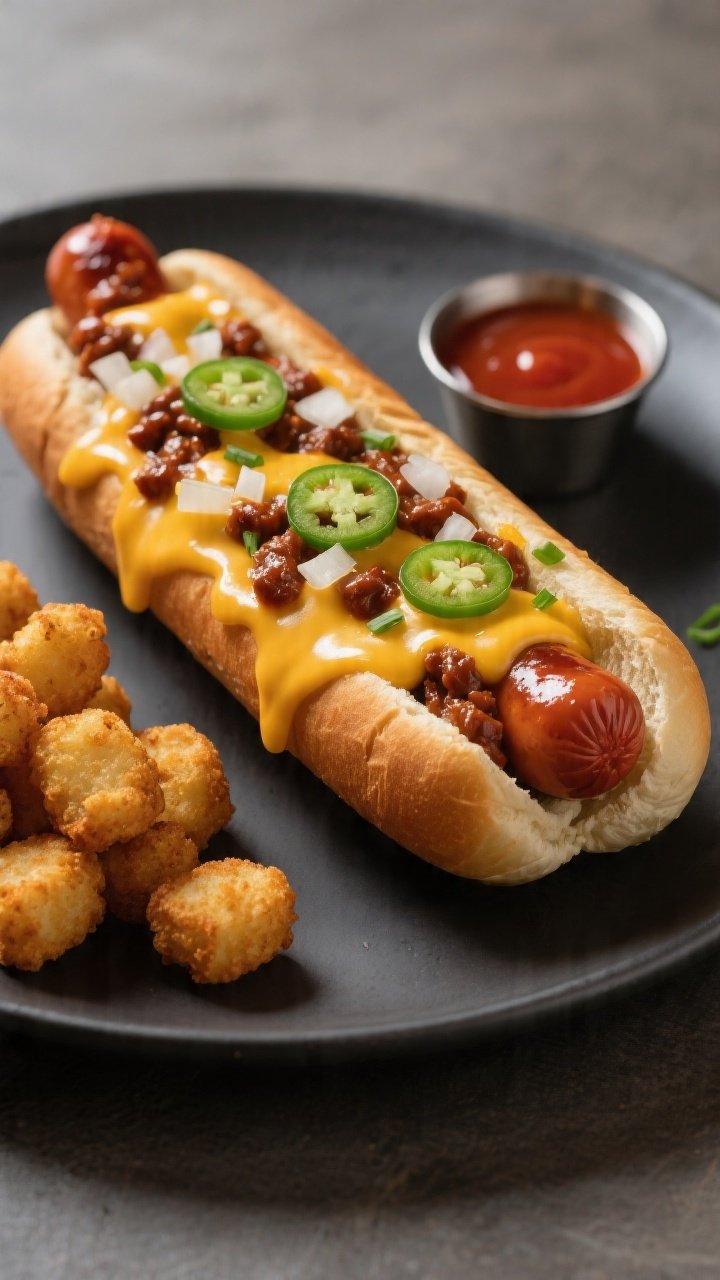 Final plated beauty: Single Chili Cheese Hot Dog Boat served on a matte charcoal plate to make the c