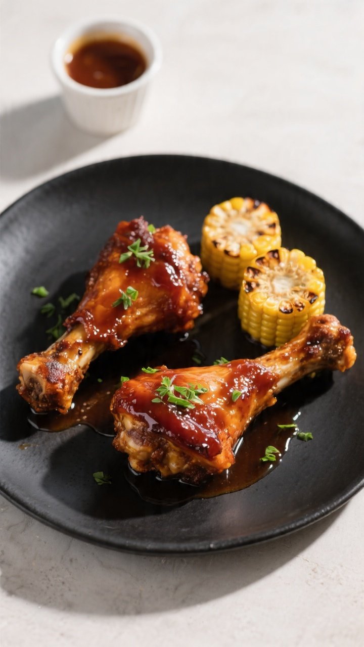 Final plated dish: Restaurant-quality presentation of two hot honey BBQ drumsticks on a matte black 