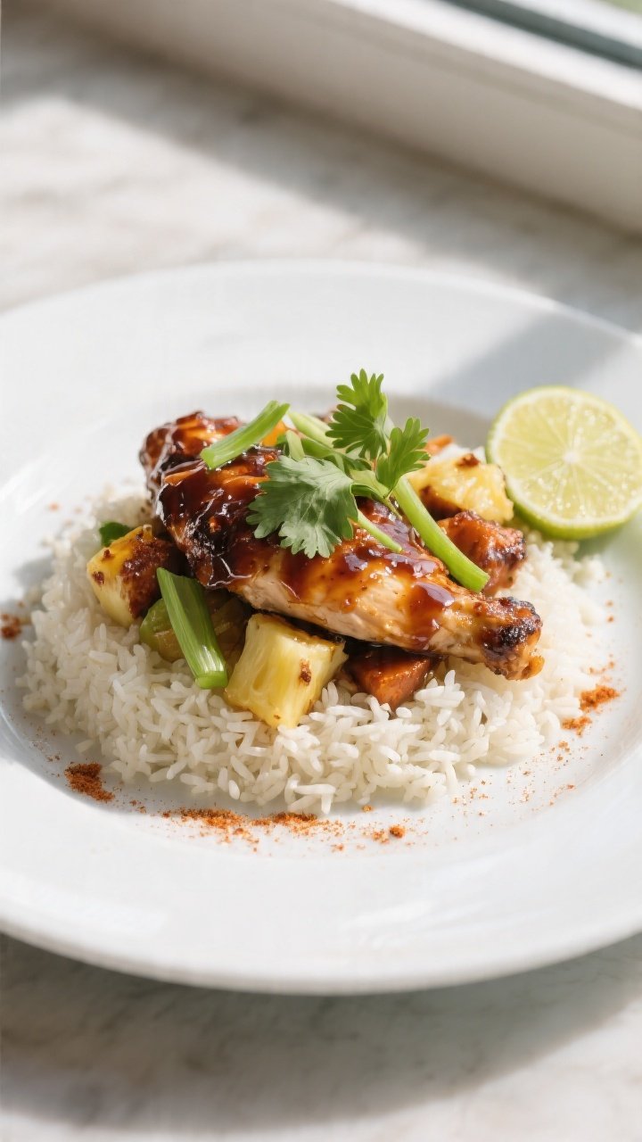 Final plated dish: Restaurant-quality presentation of BBQ Pineapple Chicken over a mound of coconut 