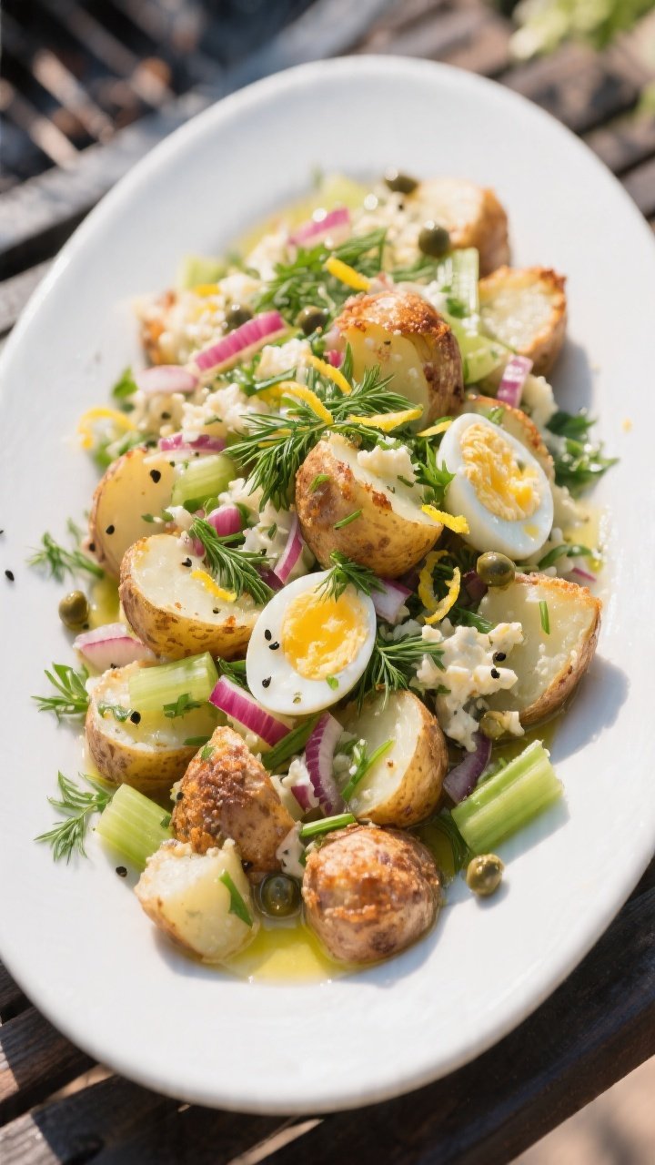 Final plated hero shot: Beautifully presented crispy smashed potato salad on a wide, shallow white p