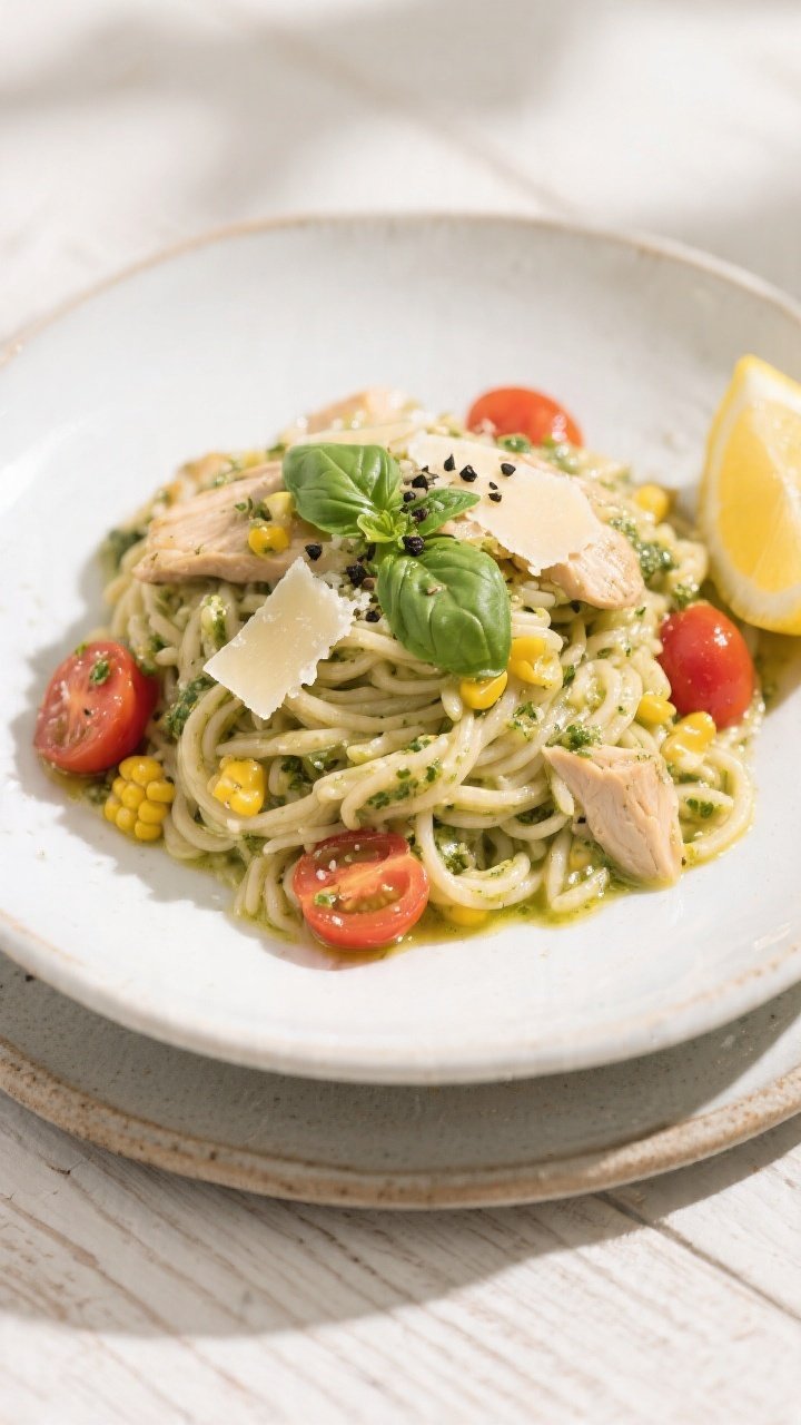 Final plated overhead: Tasty top view of Creamy Pesto Chicken Summer Orzo in a wide, shallow white b