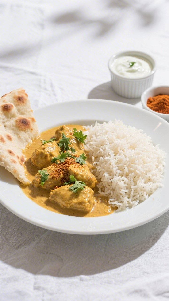 Final plated overhead: Tasty top view of light butter chicken served in a shallow white bowl beside