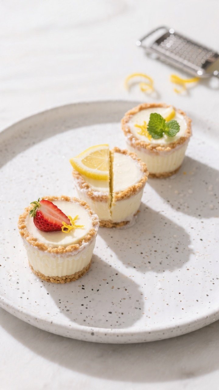 Final plated presentation: three frozen strawberry lemonade cups on a white speckled stoneware platt
